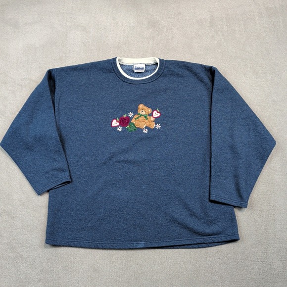 Endless Designs Vintage Teddy Bear Embroidered Sweatshirt Large Blue Cottagecore — photo 2